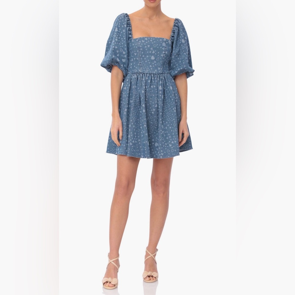 Avec Les Filles Blue Floral Puff-Sleeve Mini Dress